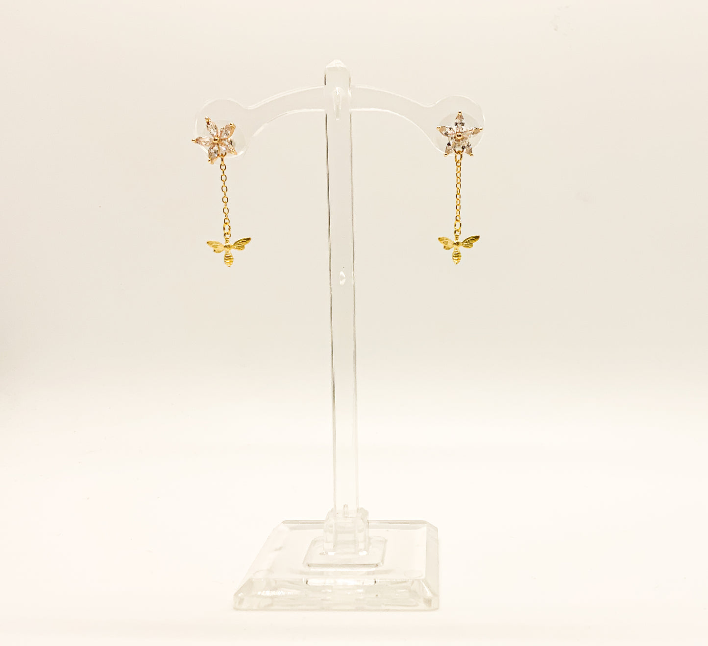 Brass Bees with Flower Crystal and Chain Earring