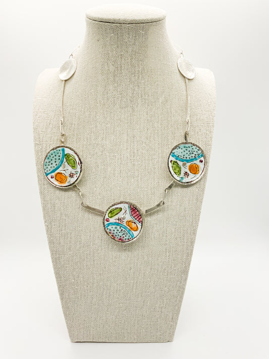 Sterling Silver and Enamel 3 Disk Statement Necklace