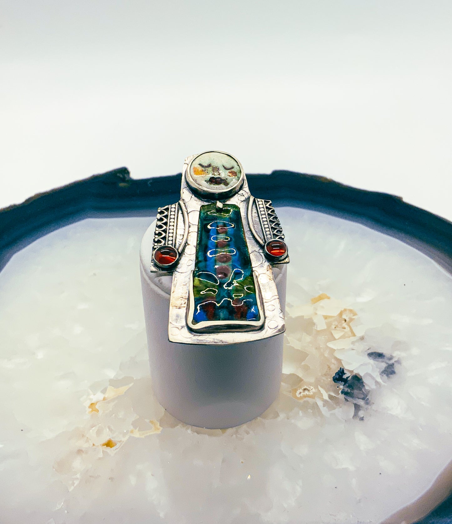 Sterling Silver, Enamel and Garnet Goddess Pendant