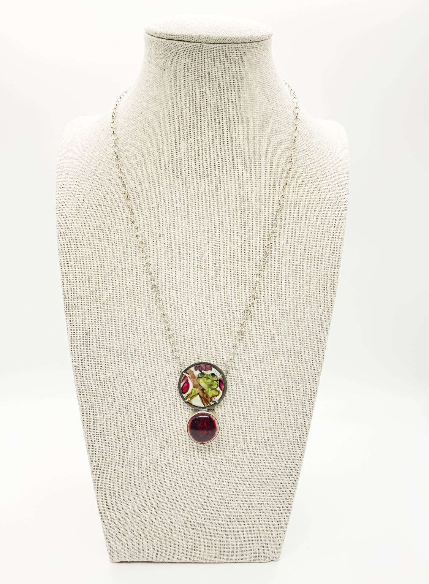 Sterling Silver with Enamel Frog and Peachbloom Glazed Pottery Stone Necklace