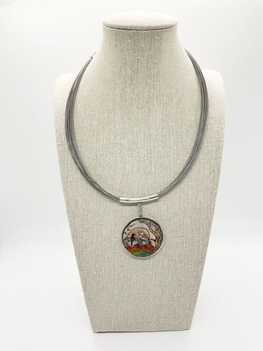 Sterling Silver and Enamel Round Pendant with Bird and 50 Strand Necklace