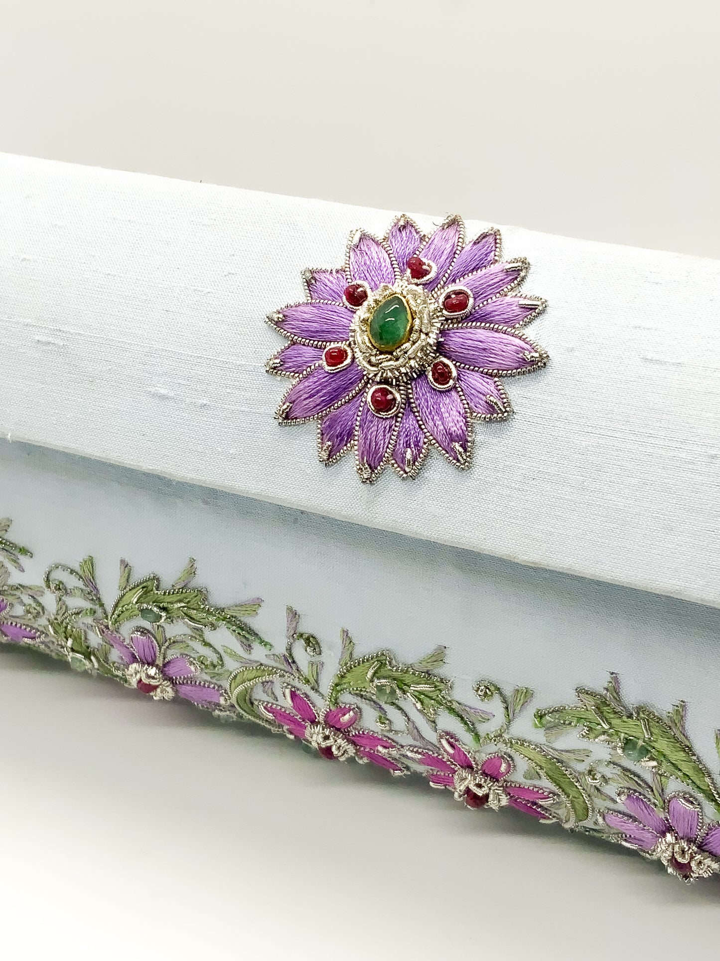 Silk Dupioni Clutch in Blue Gray w/emerald