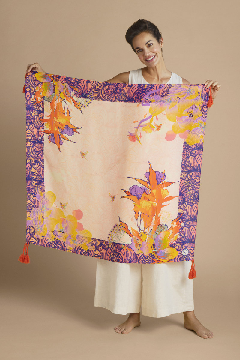Tropical Hummingbird Silk Tasseled Scarf