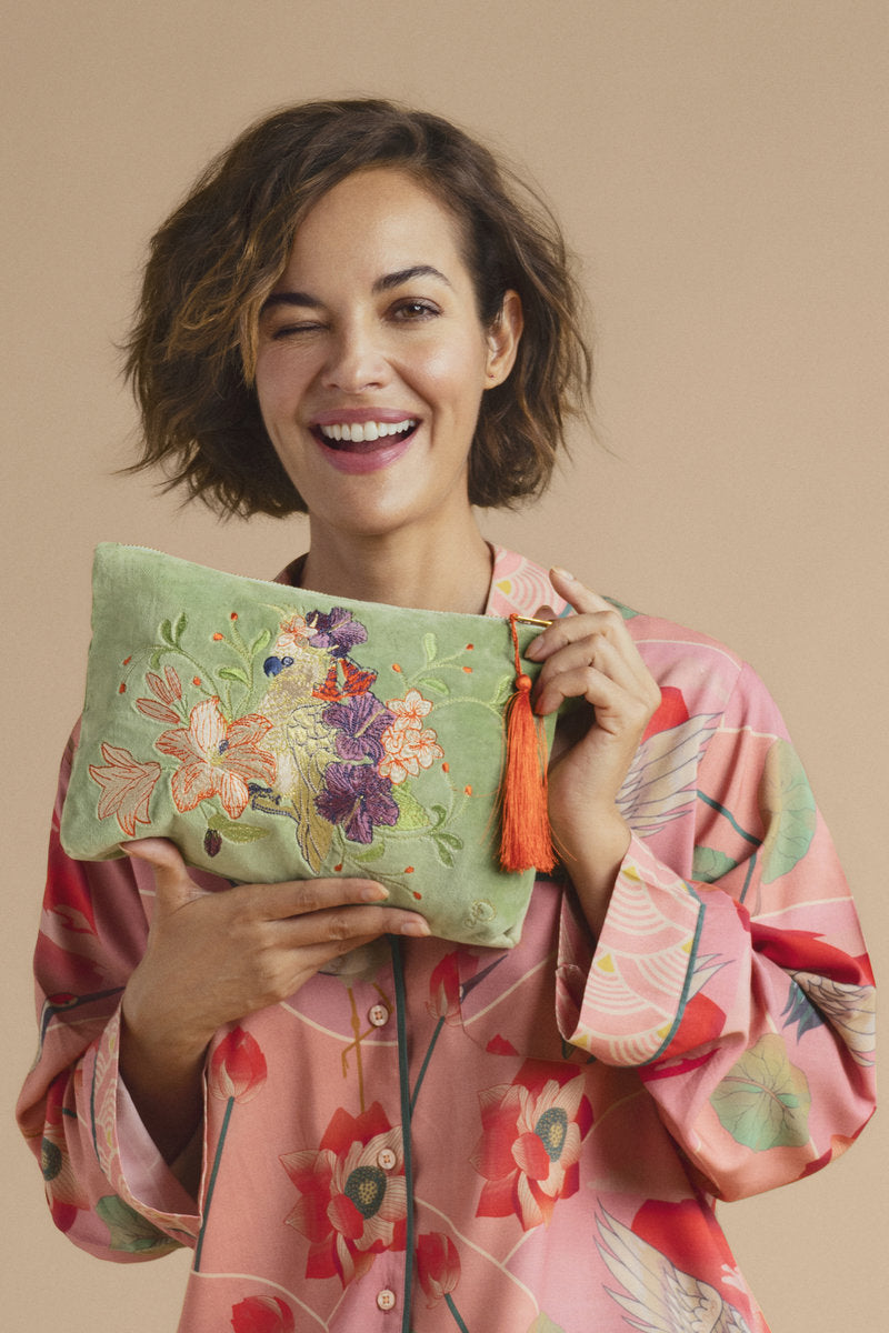 Cockatoo Velvet Pouch in Sage