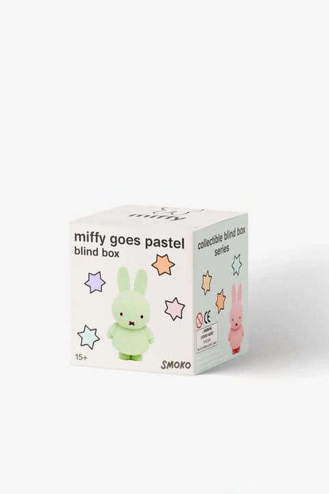 Box packaging for 'miffy goes pastel' blind box series on a white background
