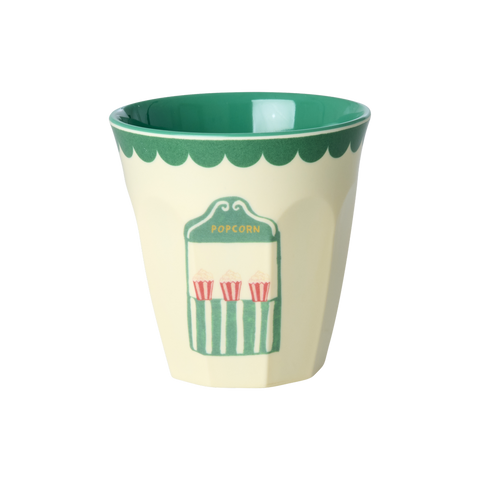 Melamine cup with green interior, beige exterior, and popcorn bucket design on a white background