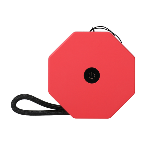 Red octagonal lamp with a black power symbol on a white background