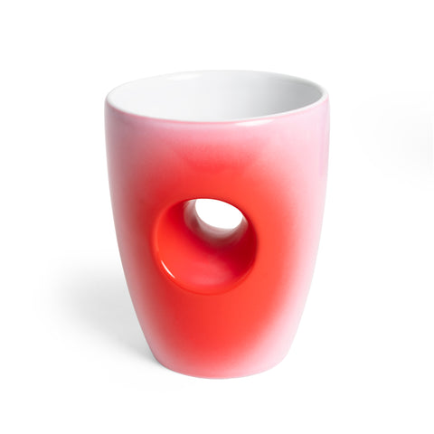 White mug with a red gradient and central circular cutout on a white background