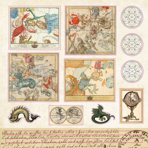 Collection of vintage astrological stickers and symbols on a light background