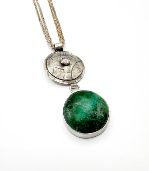 Textured Disk Pendant with Moonstone and Glazed Pottery on Chain