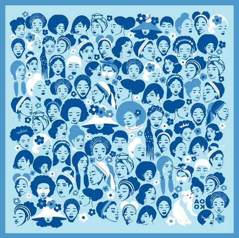 Illustration of various women's faces on a blue background