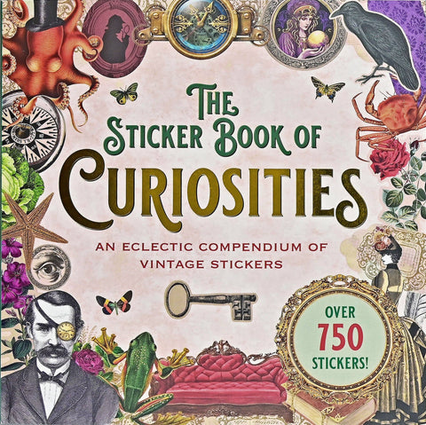 Sticker book cover titled 'The Sticker Book of Curiosities' with vintage-themed illustrations.