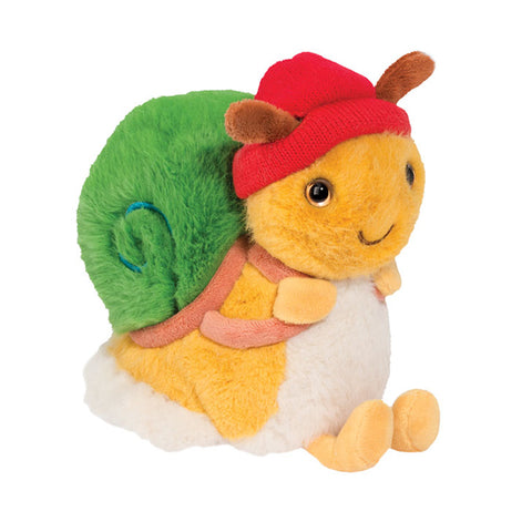 Plush toy of a tortoise with a red hat on a white background