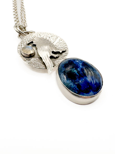 Raven Pendant with Cobalt Glazed Stone and Moonstone on Chain