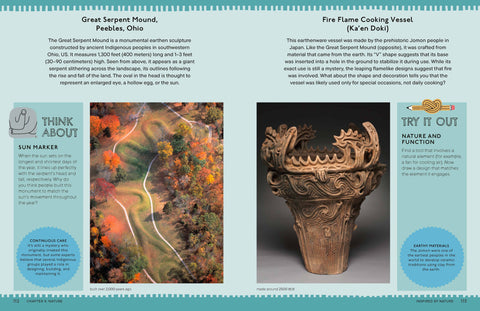 Educational page about the Great Serpent Mound and Fire Flame Cooking Vessel with images and text.