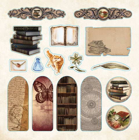 Collection of vintage-style book-themed stickers on a beige background