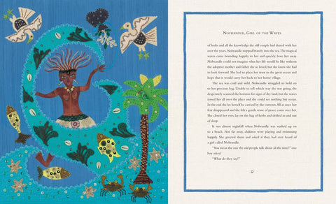 Illustrated book page with a colorful design of a Native American figure, birds, and nature elements on the left, and text on the right.