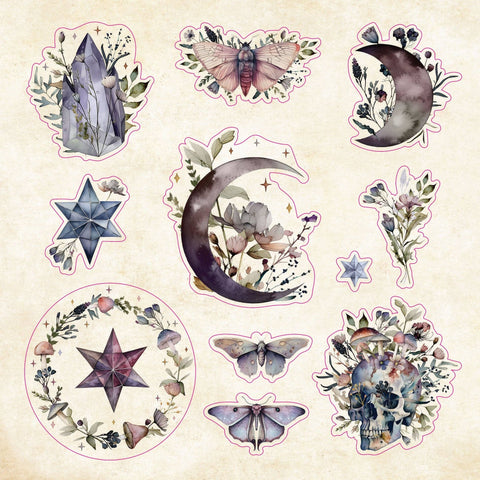Set of nature-themed stickers with crystals, stars, moons, and butterflies on a beige background.
