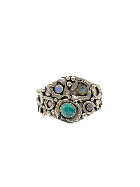 Cuff with Turquoise Stones, Labradorite and Sculpted Circles