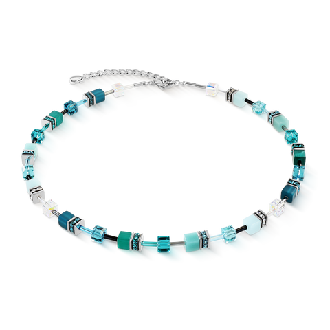 Necklace with blue and silver beads on a white background