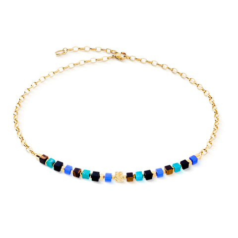 Gold necklace with colorful square beads on a white background