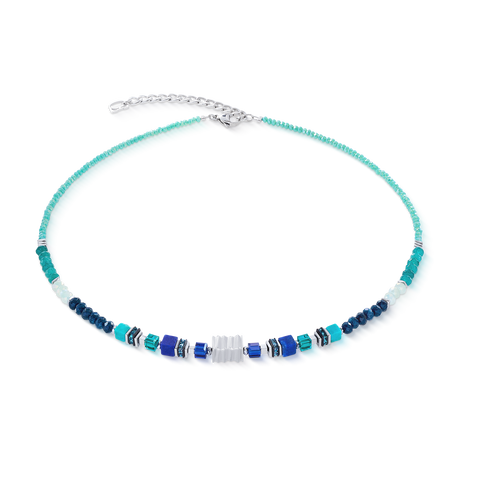Necklace with blue and white bead pattern on a white background
