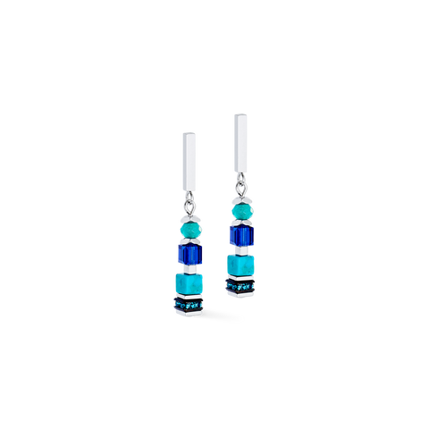 Pair of earrings with blue and turquoise square beads on a white background