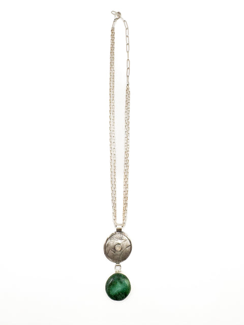 Textured Disk Pendant with Moonstone and Glazed Pottery on Chain
