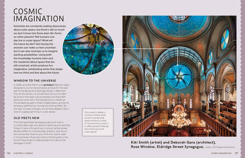 Interior of a synagogue with a large stained glass window titled 'Cosmic Imagination'.