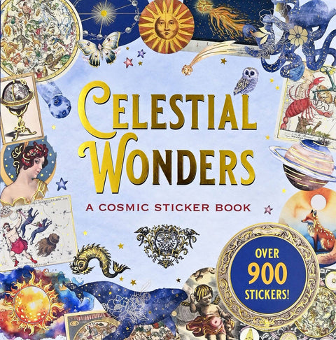 Cover of 'Celestial Wonders' sticker book with celestial designs and text.