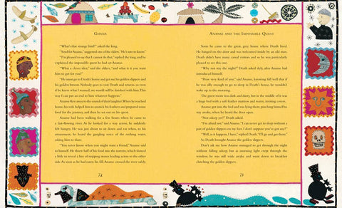 Illustrated book page with text and colorful graphics on a yellow background