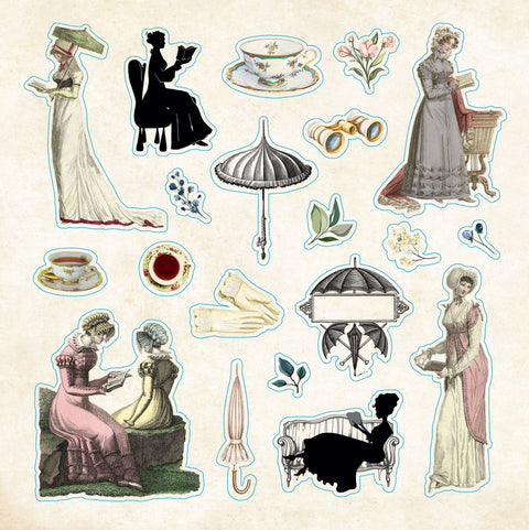 Vintage-style stickers of women in different poses, tea cups, and accessories on a beige background.