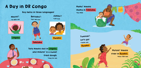 Illustrated book page from 'A Day in DR Congo' showing children and adults with text in multiple languages.