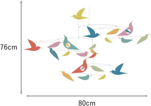 A colorful paper mobile featuring multiple birds with measurements.