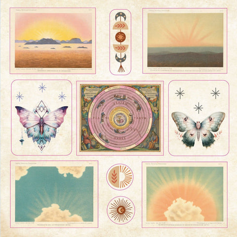 Stickers of nature-themed illustrations including butterflies, landscapes, and circular designs.