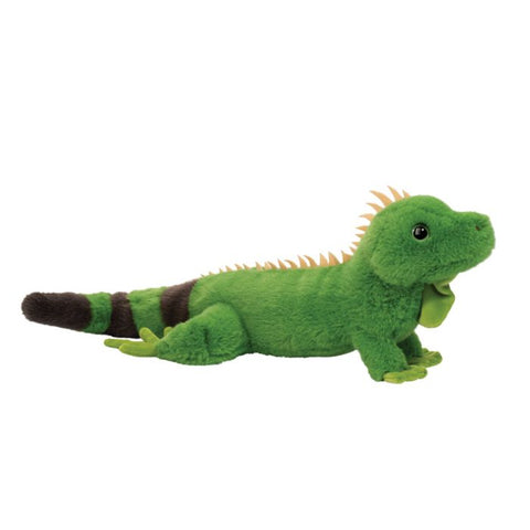 Green plush lizard toy on a white background