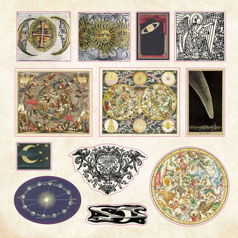 Collection of vintage celestial and astrological illustrations on a beige background