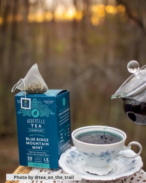 Asheville Tea Company Blue Ridge Mountain Mint tea packaging with a teacup and teapot on a blurred natural background.