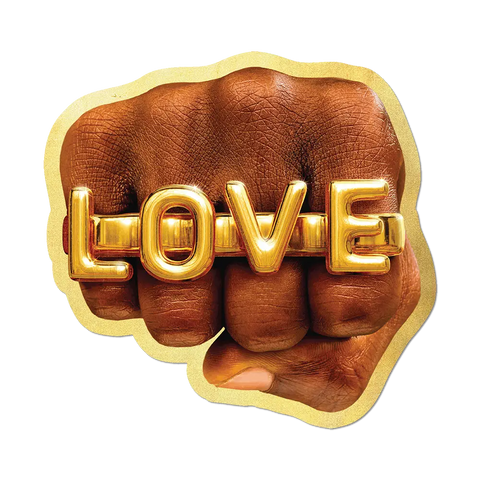 A fist with gold 'LOVE' letters on a white background