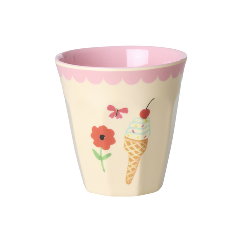 Children's cup with ice cream cone and flower design on a white background