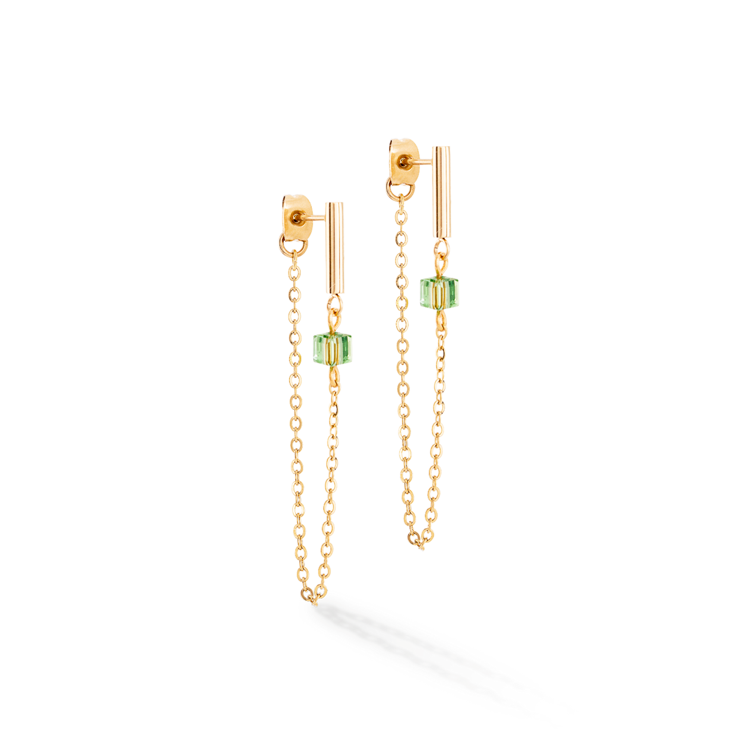 Mini Cubes and Chain Earrings Green and Gold