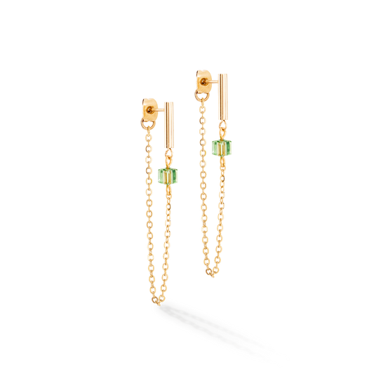 Mini Cubes and Chain Earrings Green and Gold