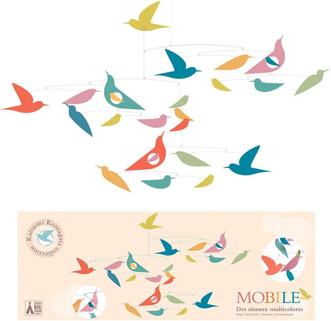 A colorful paper mobile featuring multiple birds in various shades of red, orange, yellow, green, and blue.