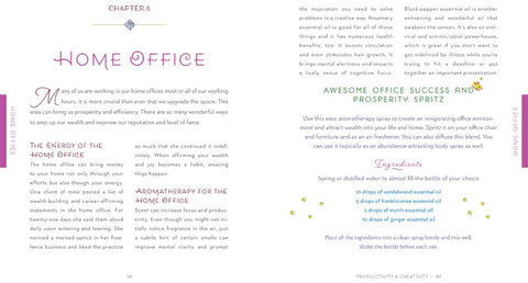 Page from a book about home office and aromatherapy, with text and decorative elements.
