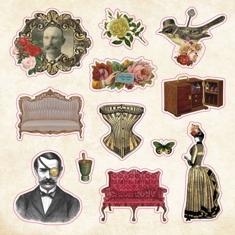 Sticker of vintage-style illustrations including portraits, furniture, and decorative elements on a textured background.