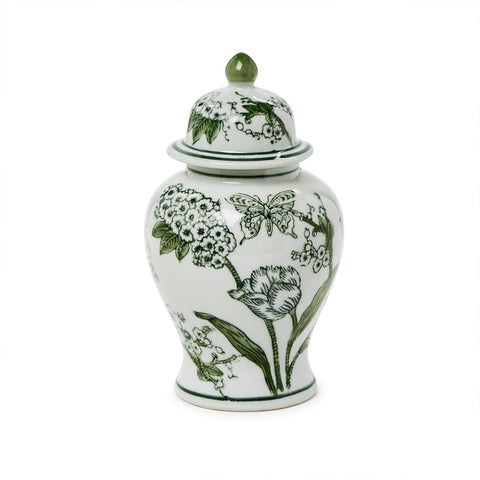 Primrose and Lotus Green and White Chinoiseire Jar with Lid