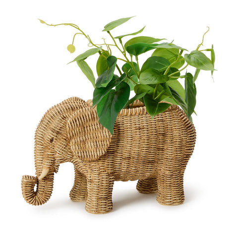 Woven elephant-shaped planter with a plant on a white background