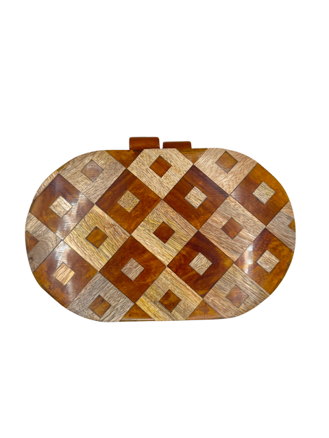 Wood Inlay Oval Box Clutch