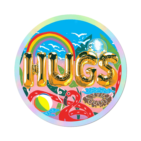 Colorful sticker with 'HUGS' text, rainbow, flamingo, and disco ball design on a white background