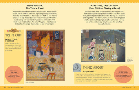 Book page with art analysis and activities for children, featuring two artworks and text.